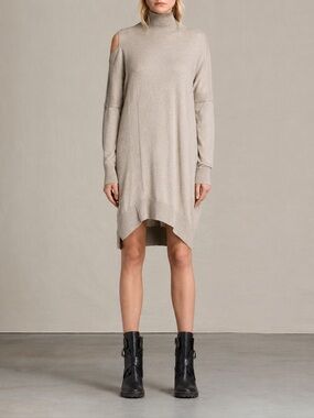 ALLSAINTS - Cecily Dress - Could  Shoulder assymetrical Long Sleeve Dress